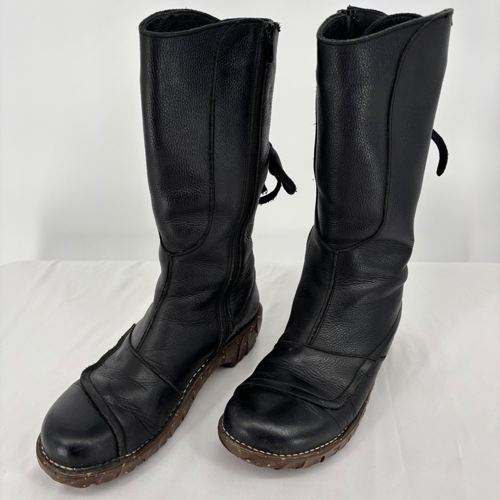 El Naturalista Black Leather Mid Calf Boots Back Lace Side Zip Spain Womens 40